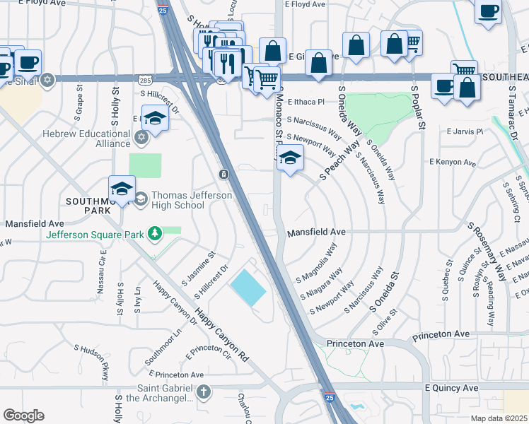 map of restaurants, bars, coffee shops, grocery stores, and more near 3855 South Monaco Parkway in Denver