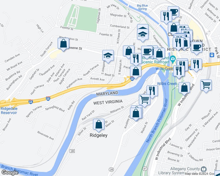 map of restaurants, bars, coffee shops, grocery stores, and more near National Freeway in Cumberland