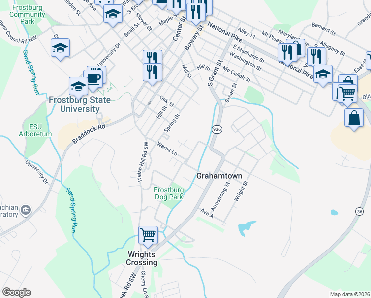 map of restaurants, bars, coffee shops, grocery stores, and more near 159 Warnes Lane in Frostburg