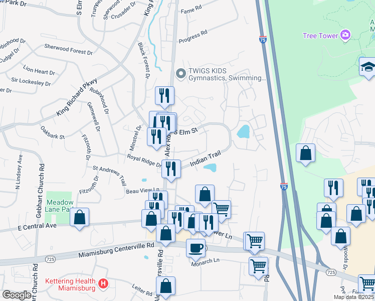 map of restaurants, bars, coffee shops, grocery stores, and more near 822 Lancelot Drive in Dayton