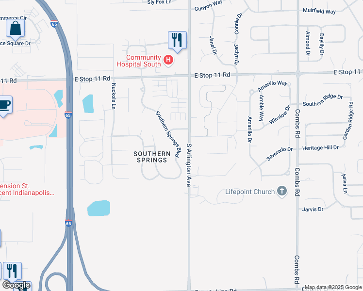 map of restaurants, bars, coffee shops, grocery stores, and more near 8337 Southern Springs Boulevard in Indianapolis