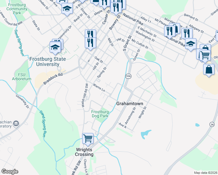 map of restaurants, bars, coffee shops, grocery stores, and more near 159 Warnes Lane in Frostburg
