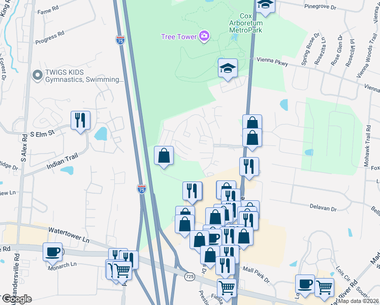 map of restaurants, bars, coffee shops, grocery stores, and more near 3314 Vanquil Trail in Dayton