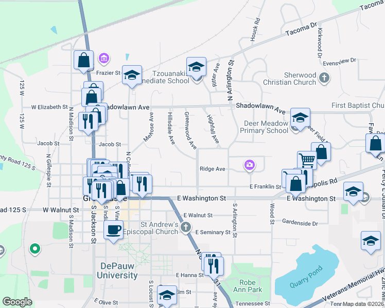 map of restaurants, bars, coffee shops, grocery stores, and more near 218 Hillsdale Avenue in Greencastle