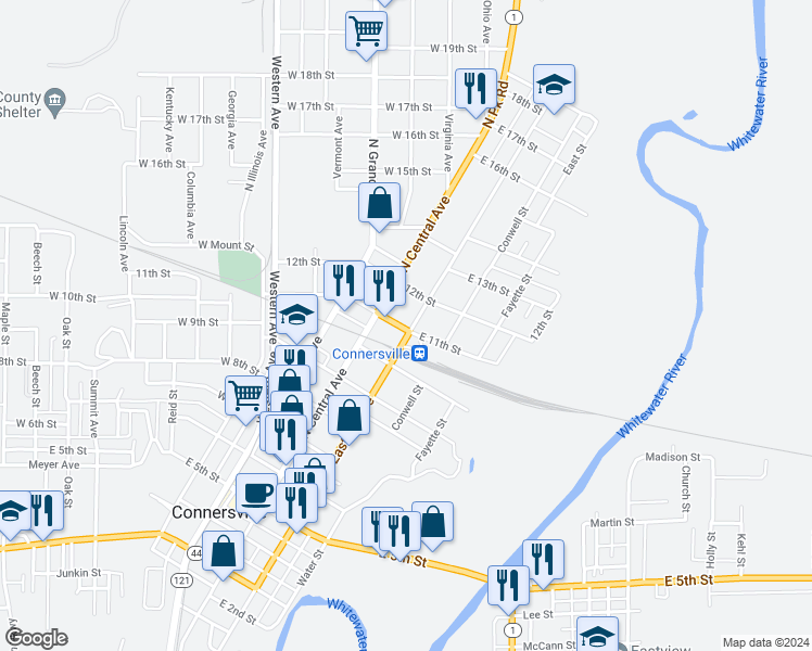 map of restaurants, bars, coffee shops, grocery stores, and more near 1101 North Eastern Avenue in Connersville