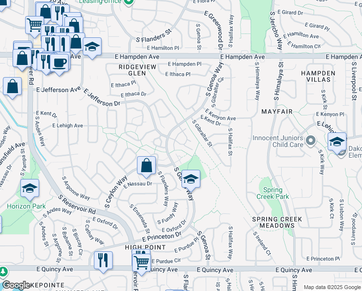 map of restaurants, bars, coffee shops, grocery stores, and more near 3800 South Genoa Circle in Aurora