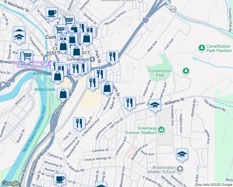 map of restaurants, bars, coffee shops, grocery stores, and more near 325 Williams Street in Cumberland