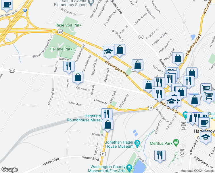 map of restaurants, bars, coffee shops, grocery stores, and more near 805 West Washington Street in Hagerstown