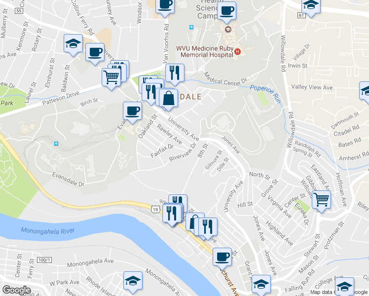 map of restaurants, bars, coffee shops, grocery stores, and more near 857 Rawley Avenue in Morgantown