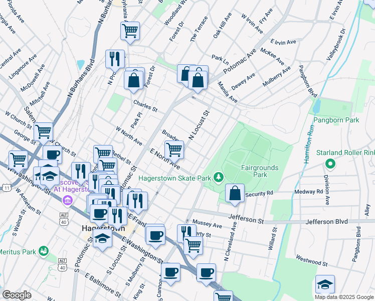 map of restaurants, bars, coffee shops, grocery stores, and more near 105 Broadway in Hagerstown