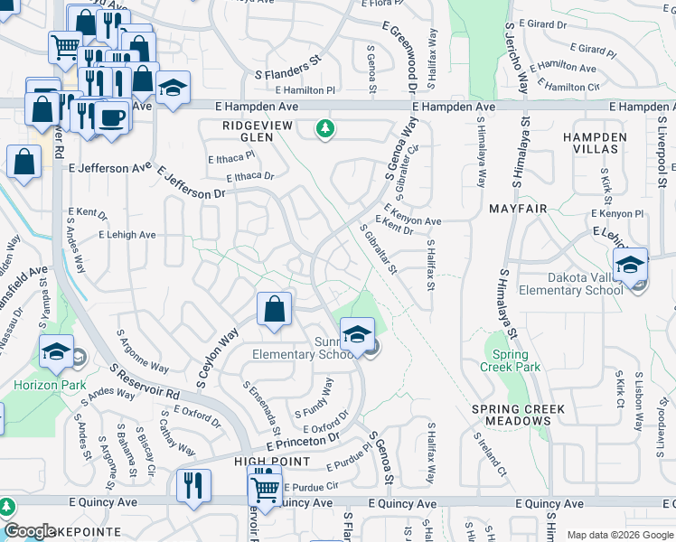map of restaurants, bars, coffee shops, grocery stores, and more near 3800 South Genoa Circle in Aurora
