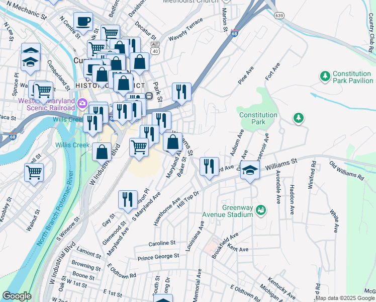 map of restaurants, bars, coffee shops, grocery stores, and more near 409 Ascension Street in Cumberland