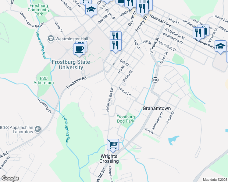 map of restaurants, bars, coffee shops, grocery stores, and more near 178 Spring Street in Frostburg