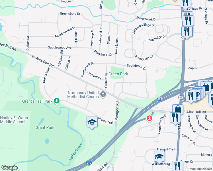 map of restaurants, bars, coffee shops, grocery stores, and more near 353 Estates Drive in Dayton