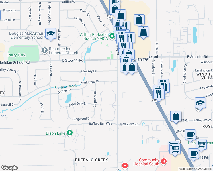 map of restaurants, bars, coffee shops, grocery stores, and more near 8218 Shiloh Court in Indianapolis