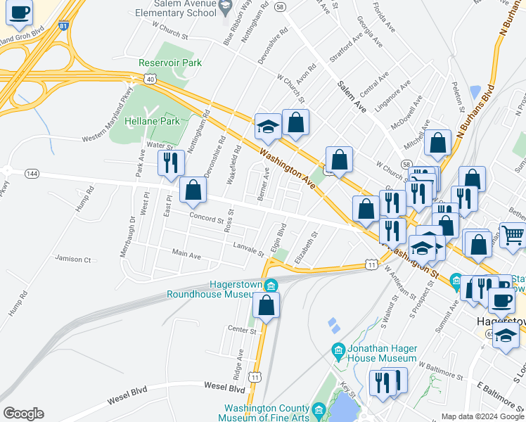 map of restaurants, bars, coffee shops, grocery stores, and more near 809 West Washington Street in Hagerstown