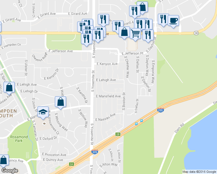map of restaurants, bars, coffee shops, grocery stores, and more near 9047 Mansfield Avenue in Denver