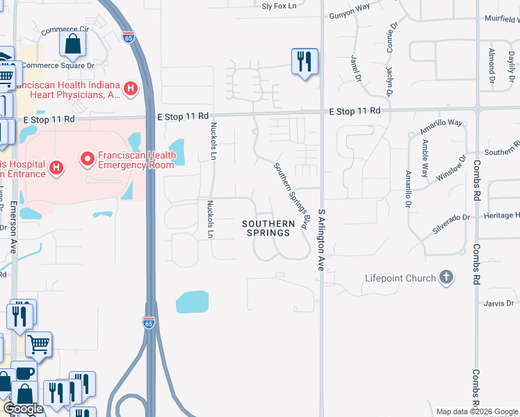 map of restaurants, bars, coffee shops, grocery stores, and more near 8324 Southern Springs Way in Indianapolis