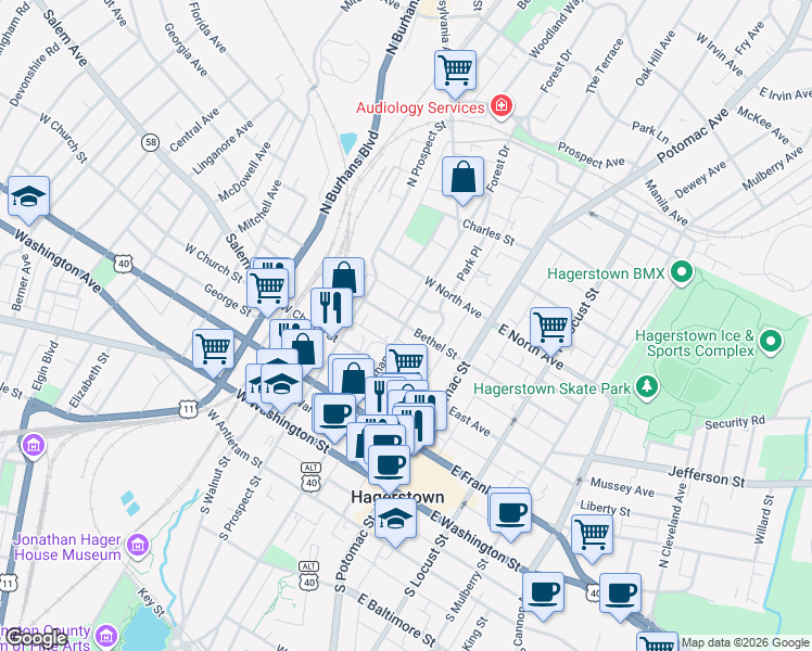 map of restaurants, bars, coffee shops, grocery stores, and more near 98 Bethel Street in Hagerstown