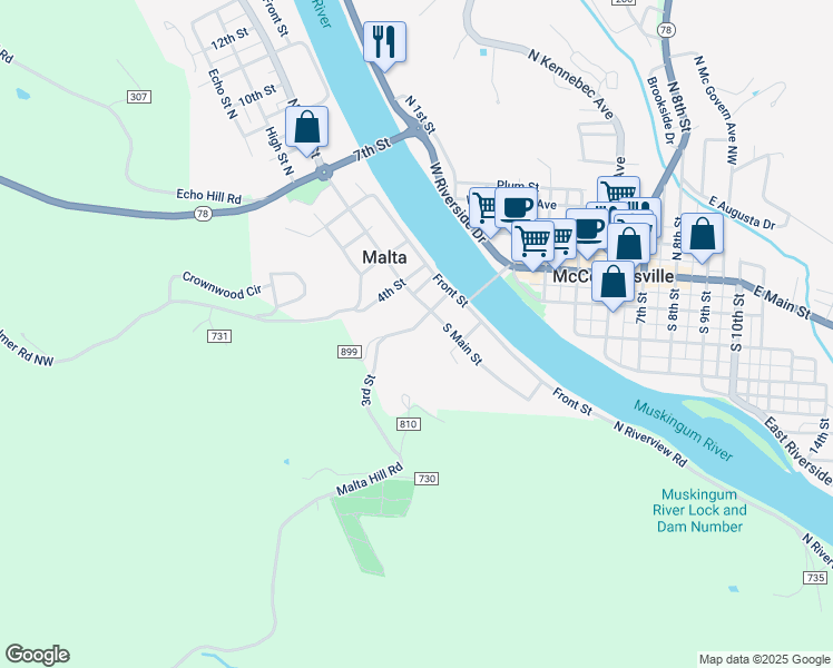 map of restaurants, bars, coffee shops, grocery stores, and more near 125 3rd Street in Malta