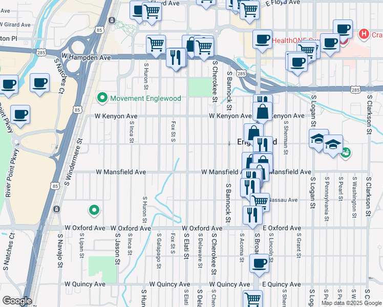 map of restaurants, bars, coffee shops, grocery stores, and more near 3855 South Delaware Street in Englewood