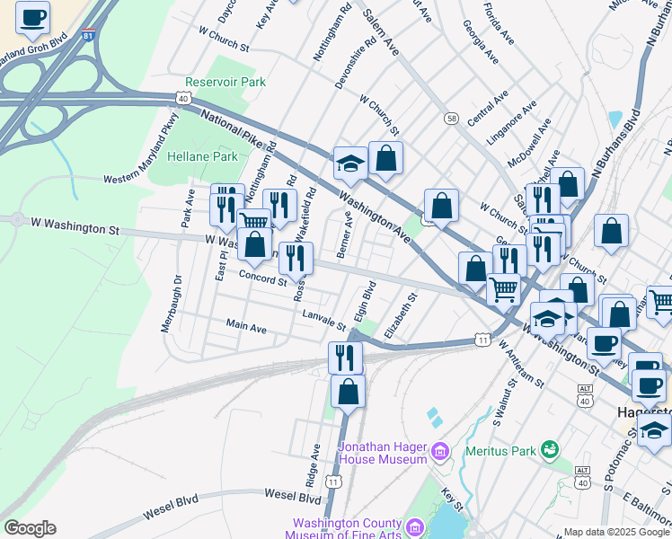 map of restaurants, bars, coffee shops, grocery stores, and more near 817 West Washington Street in Hagerstown