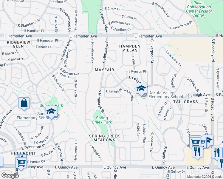 map of restaurants, bars, coffee shops, grocery stores, and more near 20476 East Lehigh Place in Aurora