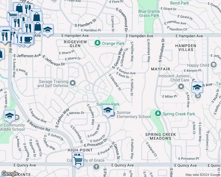 map of restaurants, bars, coffee shops, grocery stores, and more near 3800 South Genoa Circle in Aurora