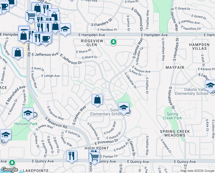 map of restaurants, bars, coffee shops, grocery stores, and more near 3824 South Genoa Circle in Aurora