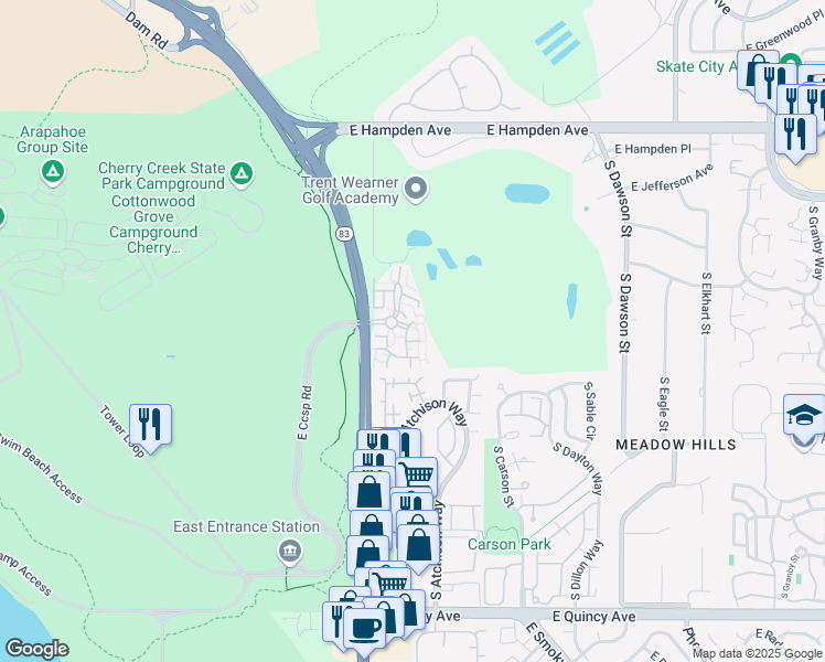 map of restaurants, bars, coffee shops, grocery stores, and more near 13732 East Lehigh Avenue in Aurora