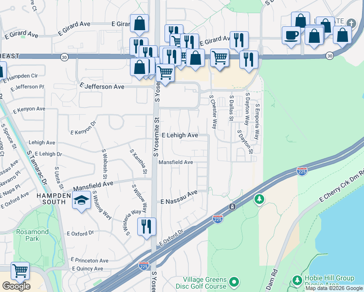 map of restaurants, bars, coffee shops, grocery stores, and more near 9055 Mansfield Avenue in Denver
