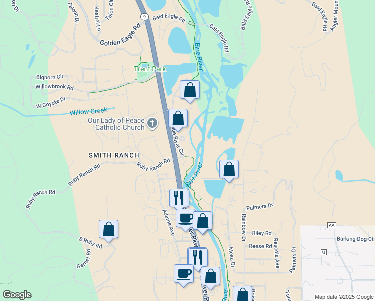 map of restaurants, bars, coffee shops, grocery stores, and more near 1372 Blue River Circle in Silverthorne
