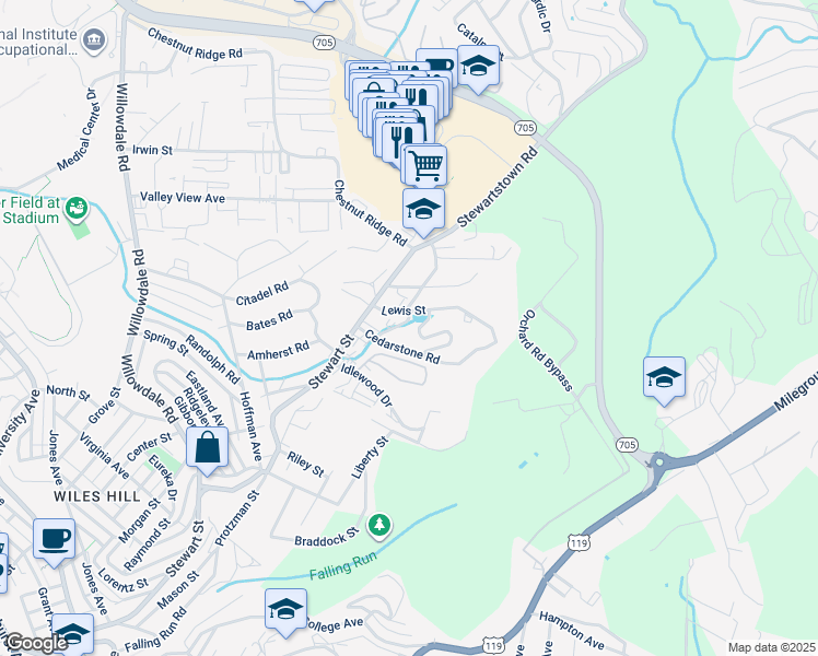 map of restaurants, bars, coffee shops, grocery stores, and more near 101 Cedarstone Road in Morgantown