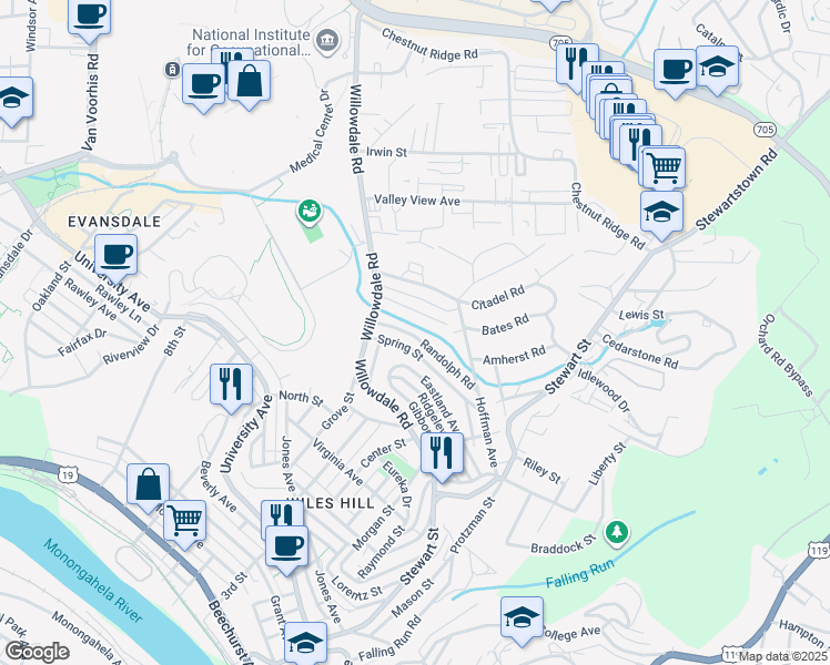 map of restaurants, bars, coffee shops, grocery stores, and more near 283 Spring Street in Morgantown