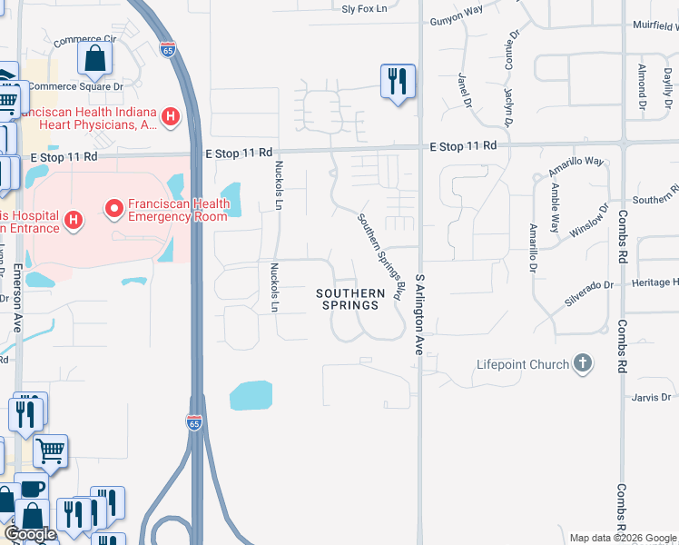 map of restaurants, bars, coffee shops, grocery stores, and more near 8324 Southern Springs Way in Indianapolis