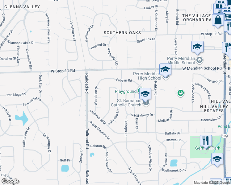 map of restaurants, bars, coffee shops, grocery stores, and more near 8202 Palmetto Lane in Indianapolis