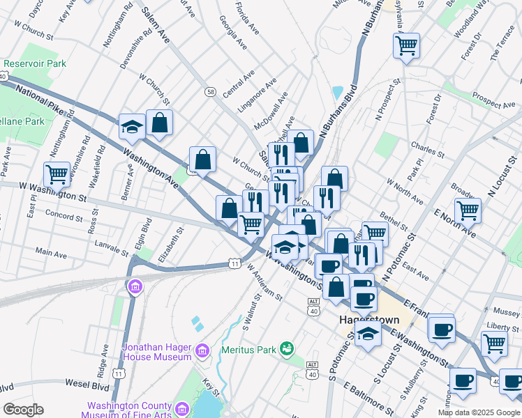 map of restaurants, bars, coffee shops, grocery stores, and more near 428 West Franklin Street in Hagerstown