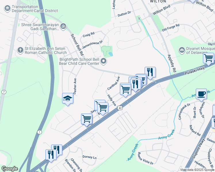 map of restaurants, bars, coffee shops, grocery stores, and more near 719 Cardinal Avenue in Bear