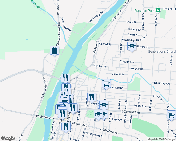 map of restaurants, bars, coffee shops, grocery stores, and more near 600 North Main Street in Miamisburg