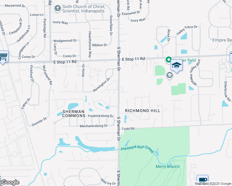 map of restaurants, bars, coffee shops, grocery stores, and more near 8243 South Sherman Drive in Indianapolis