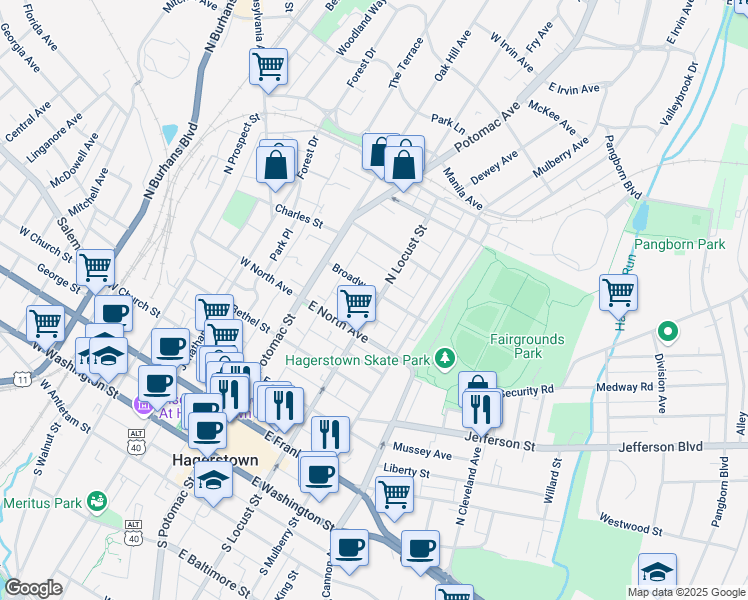 map of restaurants, bars, coffee shops, grocery stores, and more near 67 Broadway in Hagerstown