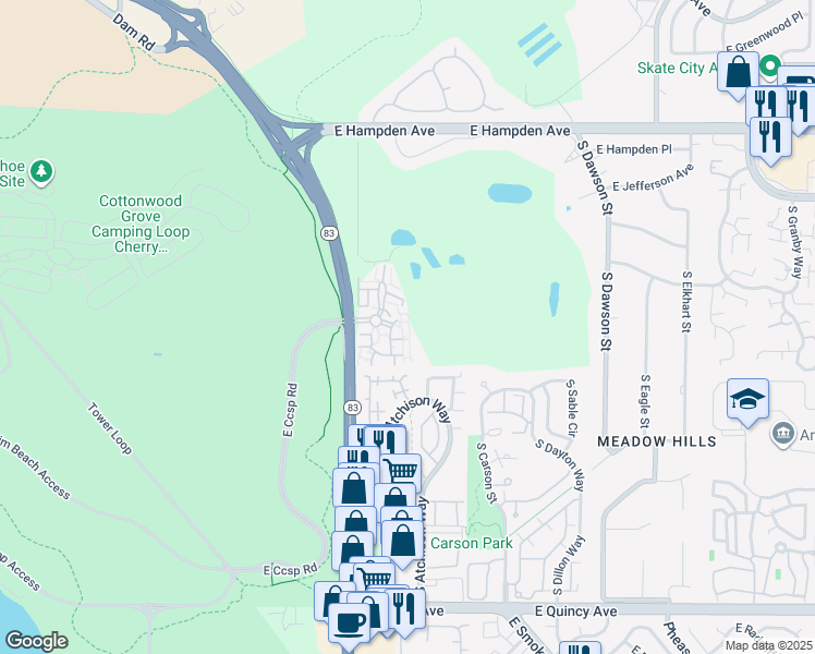 map of restaurants, bars, coffee shops, grocery stores, and more near 13834 East Lehigh Avenue in Aurora