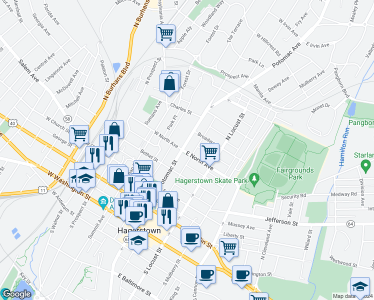 map of restaurants, bars, coffee shops, grocery stores, and more near 4 East North Avenue in Hagerstown