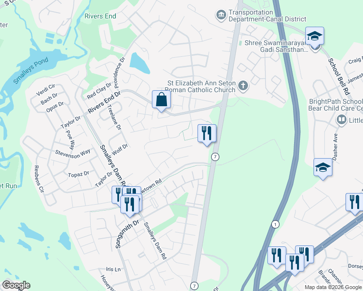 map of restaurants, bars, coffee shops, grocery stores, and more near 310 Palmerston Court in Newark