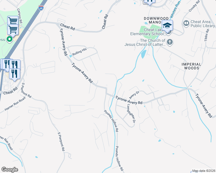 map of restaurants, bars, coffee shops, grocery stores, and more near 324 Pounds Hollow Road in Morgantown