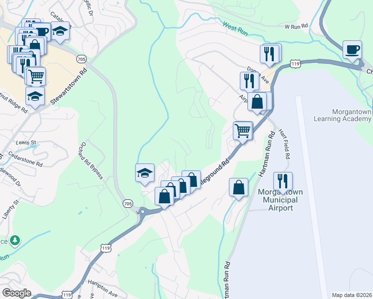 map of restaurants, bars, coffee shops, grocery stores, and more near Scumaci Lane in Morgantown