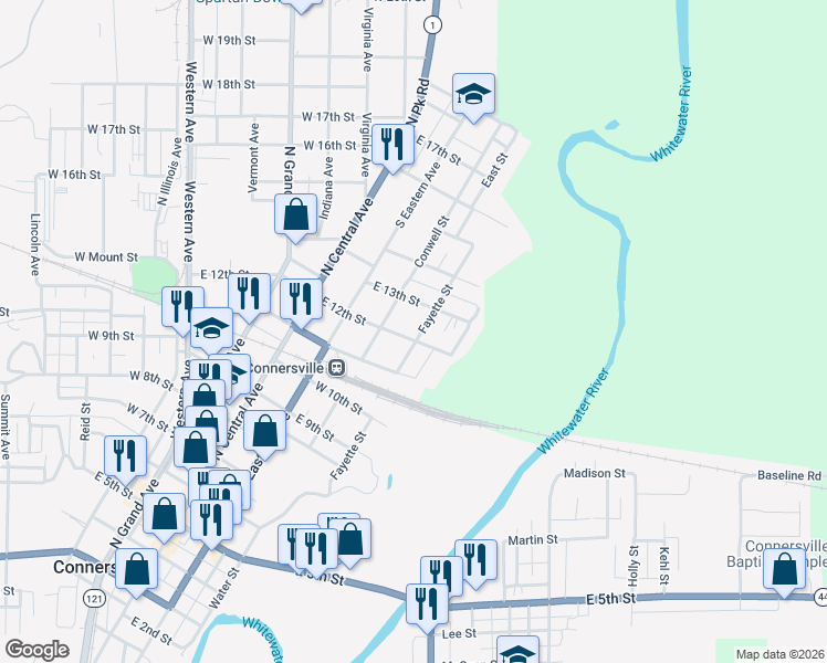 map of restaurants, bars, coffee shops, grocery stores, and more near 421 East 12th Street in Connersville