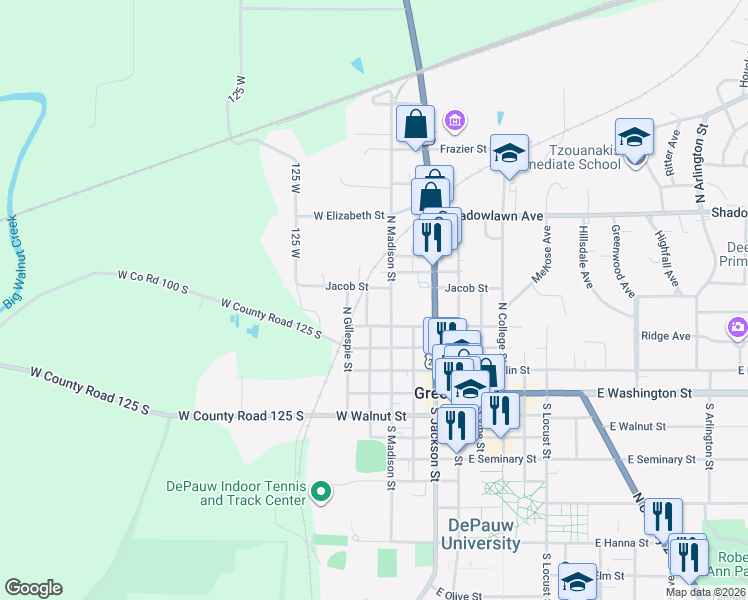 map of restaurants, bars, coffee shops, grocery stores, and more near 307 West Liberty Street in Greencastle