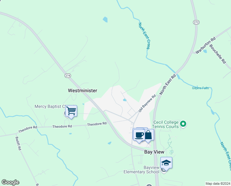 map of restaurants, bars, coffee shops, grocery stores, and more near 88 Van Weaver Drive in North East