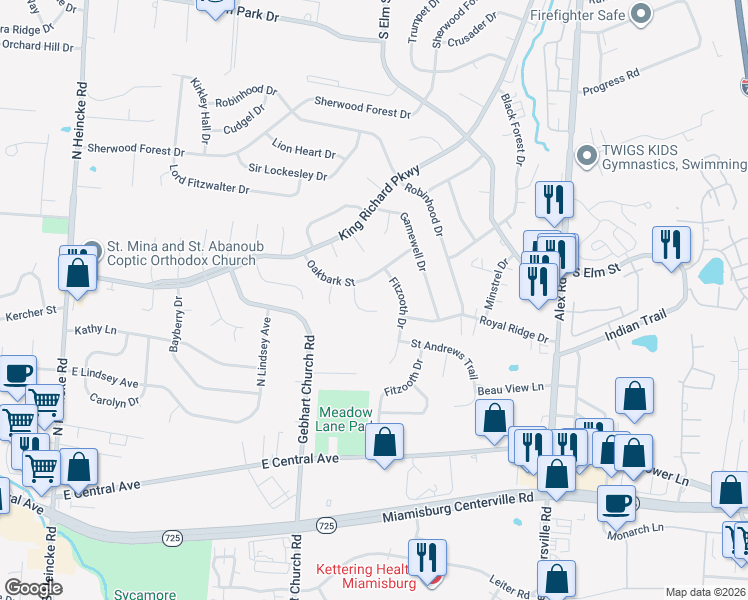 map of restaurants, bars, coffee shops, grocery stores, and more near 503 Queen Eleanor Court in Miamisburg